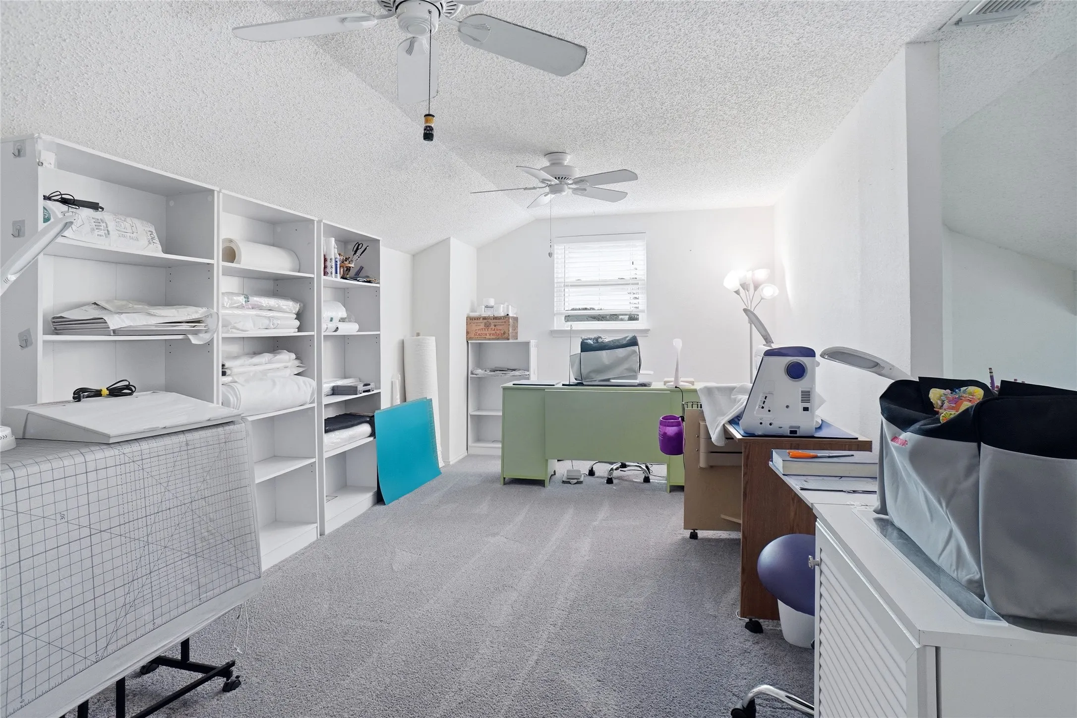 Carpeted room featuring an angled ceiling, built-in shelving, a window with blinds, and ceiling fans