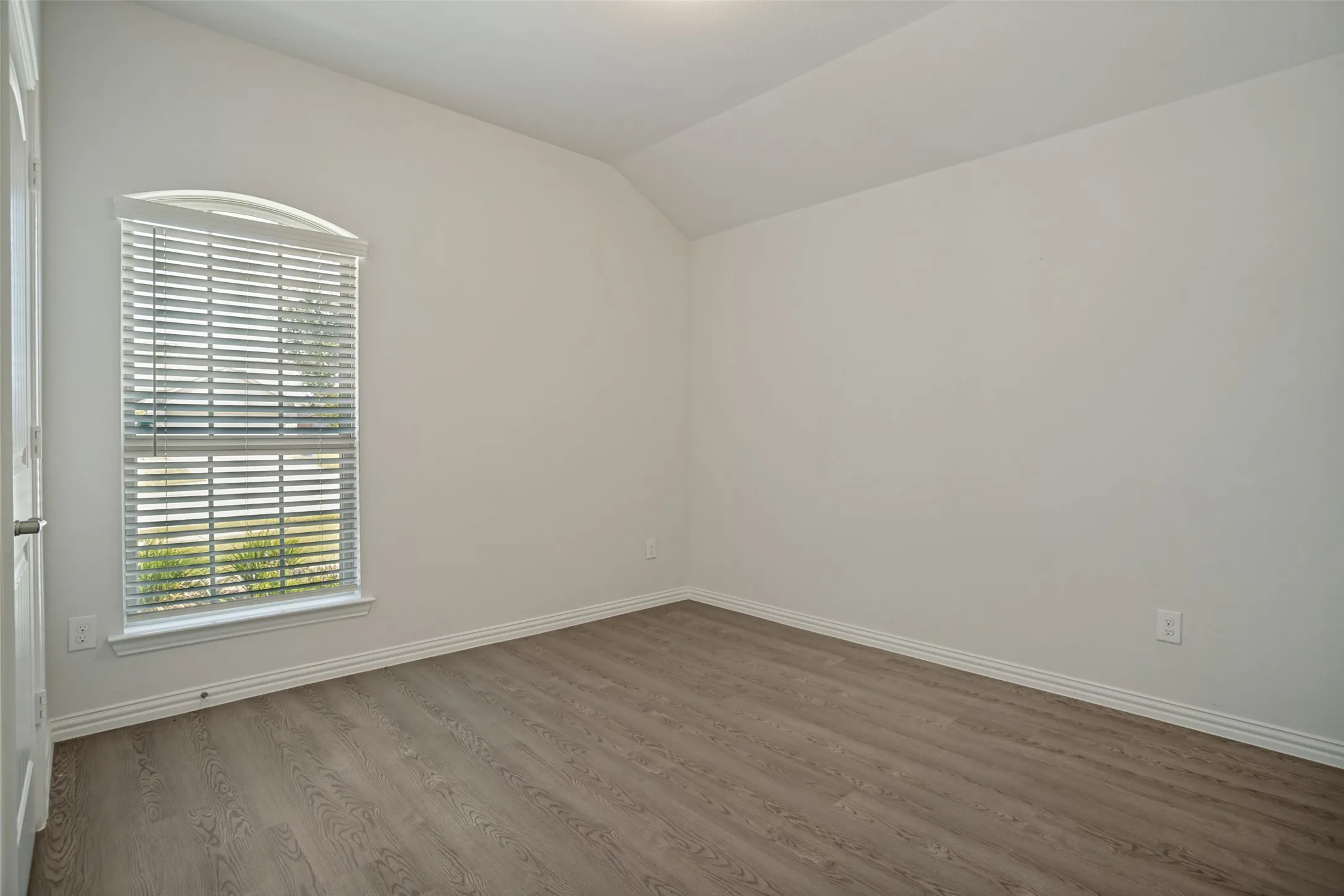 Vaulted ceiling, LVP flooring, arched window, natural light, crisp white walls