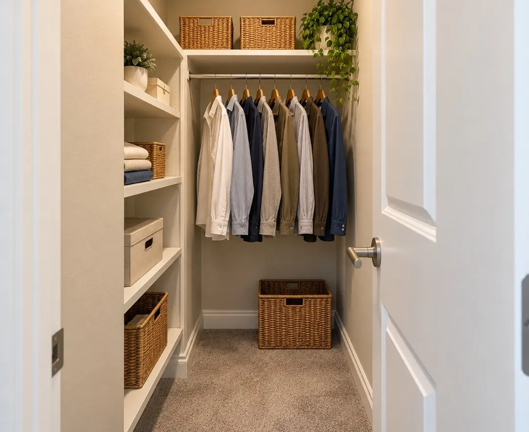 Built-in shelving, hanging rod, neutral wall color, and light-colored carpet flooring