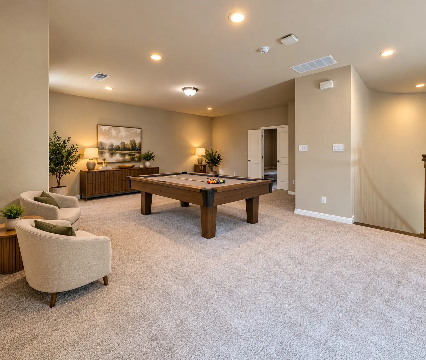 Recessed lighting and a flush mount fixture illuminate a spacious room with light-colored carpeting