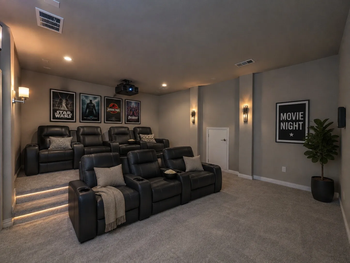 Dedicated media room with tiered seating and recessed lighting