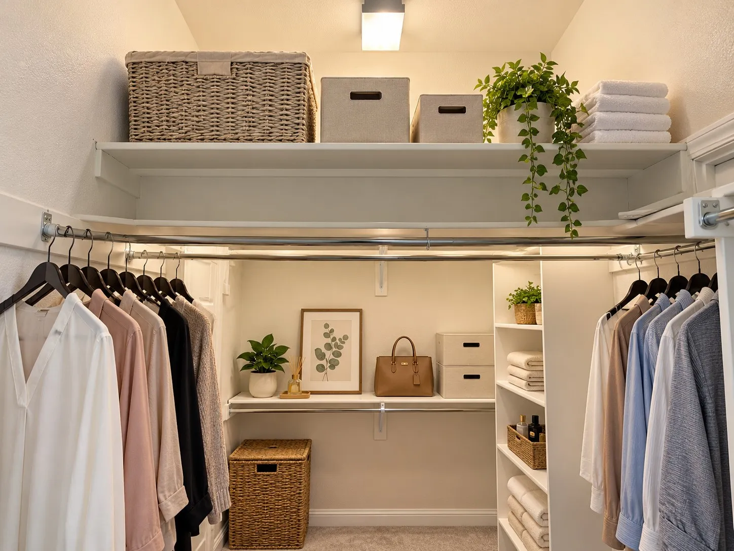 Integrated closet organization system featuring multiple shelves, hanging rods, and built-in cubbies