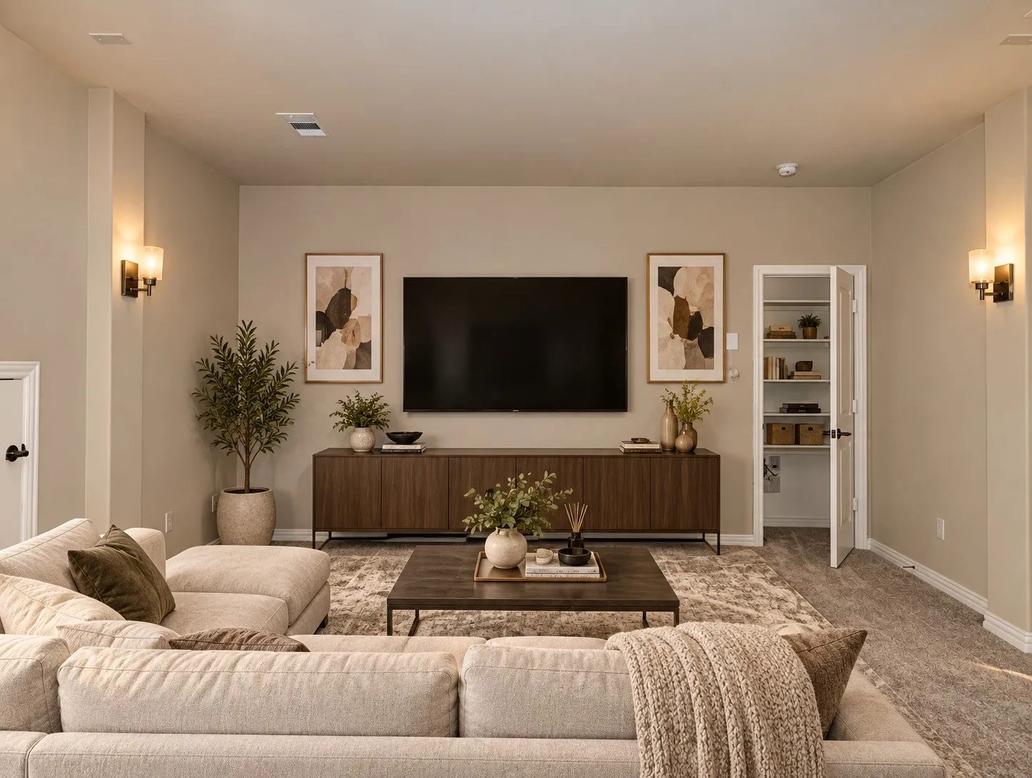 Built-in storage closet with shelving, integrated recessed lighting, and wall-mounted sconces