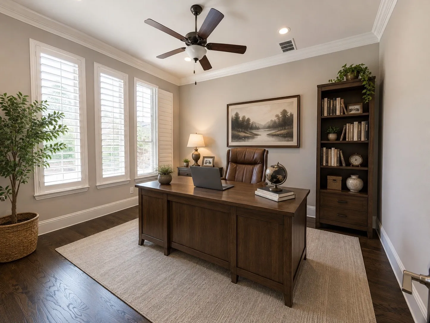 Three tall windows with plantation shutters, dark wood-finish flooring, recessed ceiling lighting, crown molding, and a built-in ceiling fan