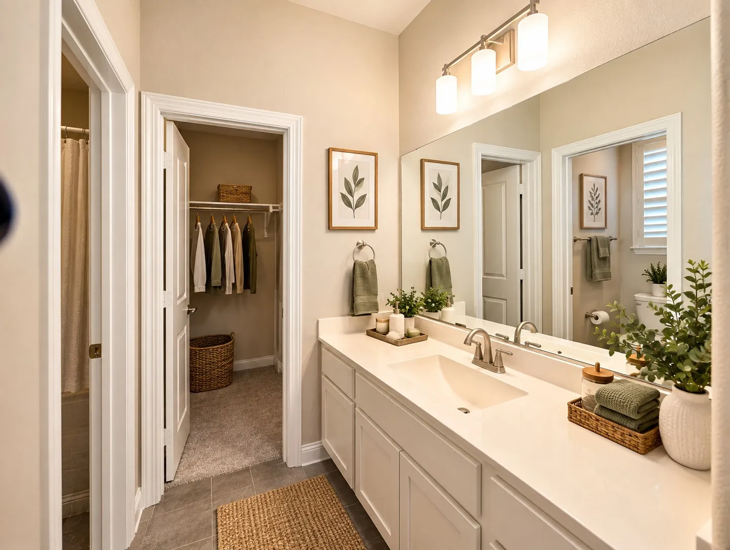 Double vanity with an integrated sink and brushed nickel hardware