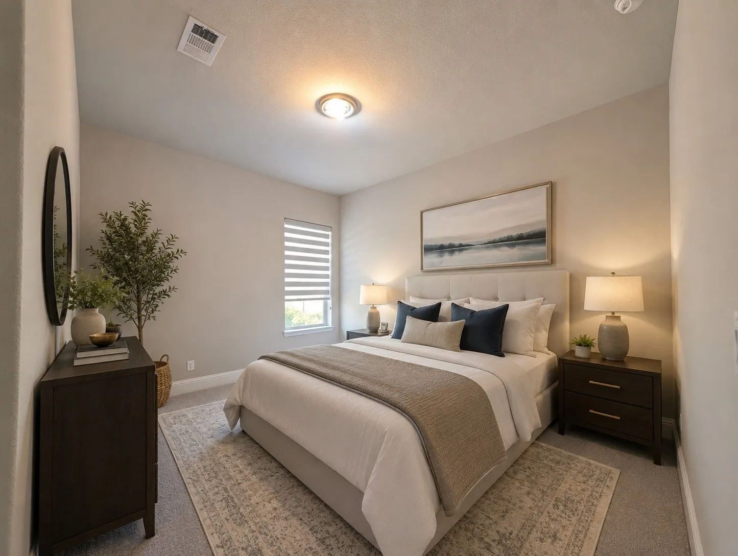 Recessed lighting, window with horizontal blinds, plush carpeting, upholstered headboard, and an integrated ceiling light fixture