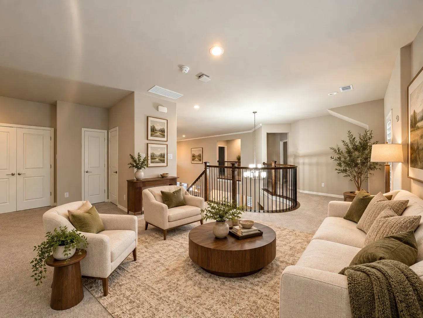 Carpeted common area featuring a curved staircase with dark wood and wrought iron balusters, recessed lighting, and a neutral color palette