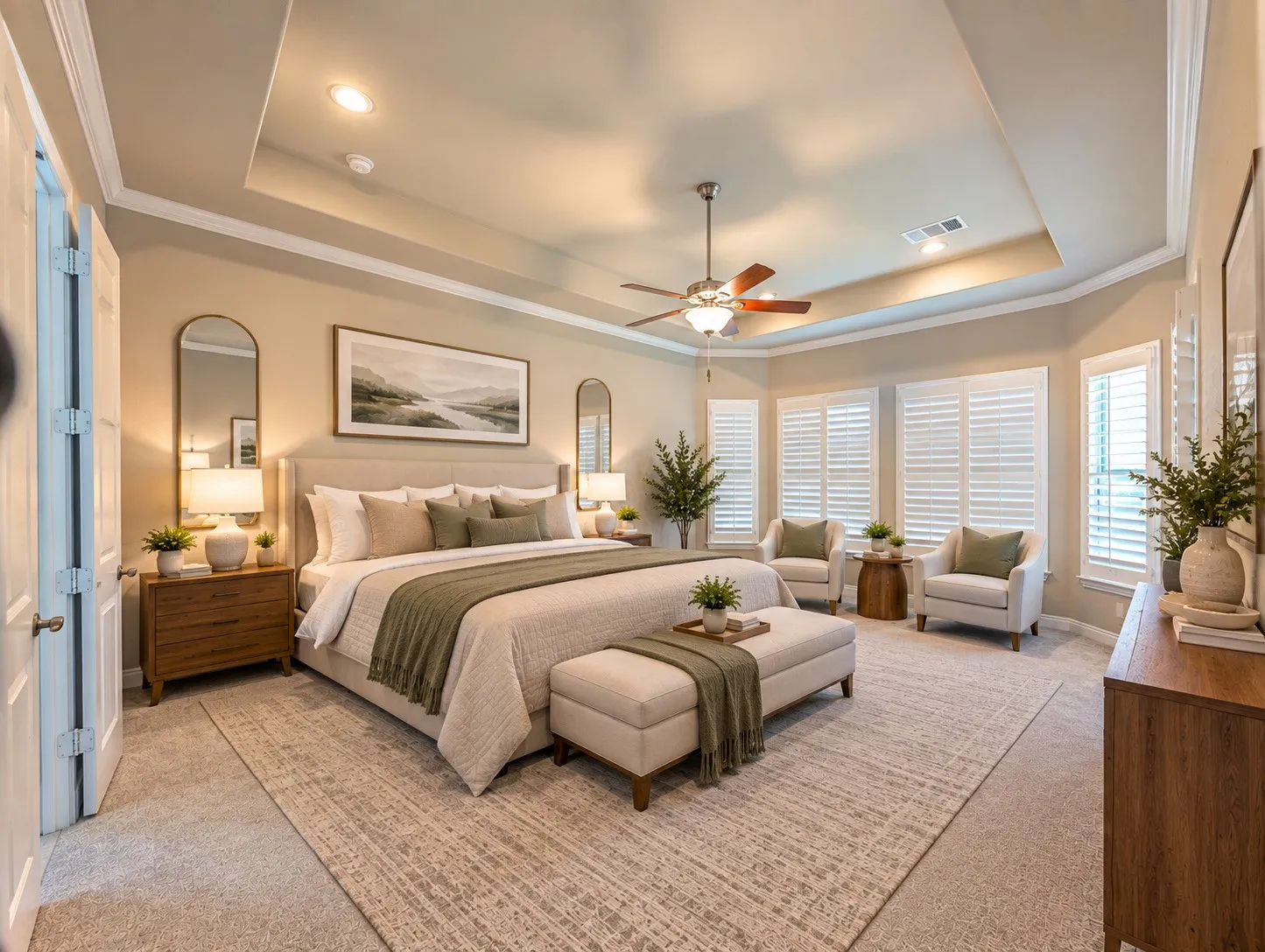 Tray ceiling with recessed lighting, crown molding, ceiling fan, carpet flooring, and plantation shutters on multiple windows