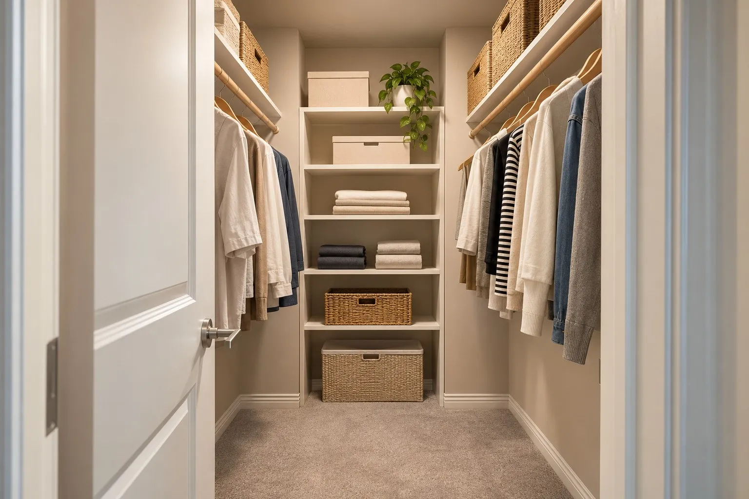 Walk-in closet featuring built-in shelving, integrated hanging rods, and neutral-toned carpeting