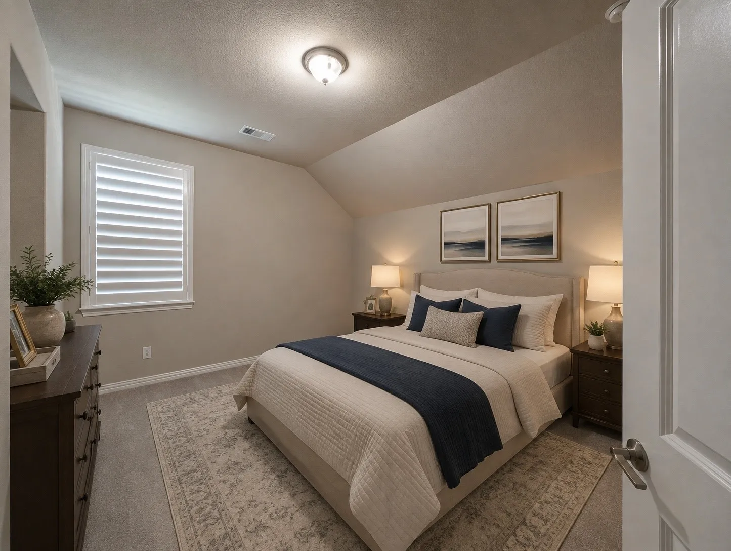 Window with white louvered shutters, sloped ceiling, and recessed ceiling light