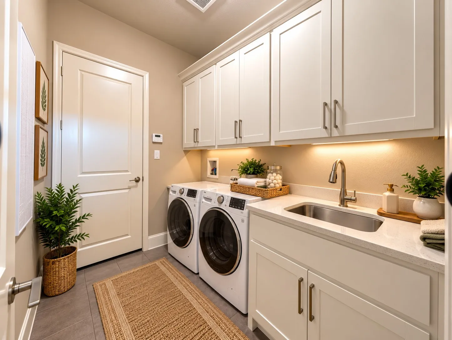 Built-in cabinetry, under-cabinet lighting, stainless steel sink, and light-toned countertop