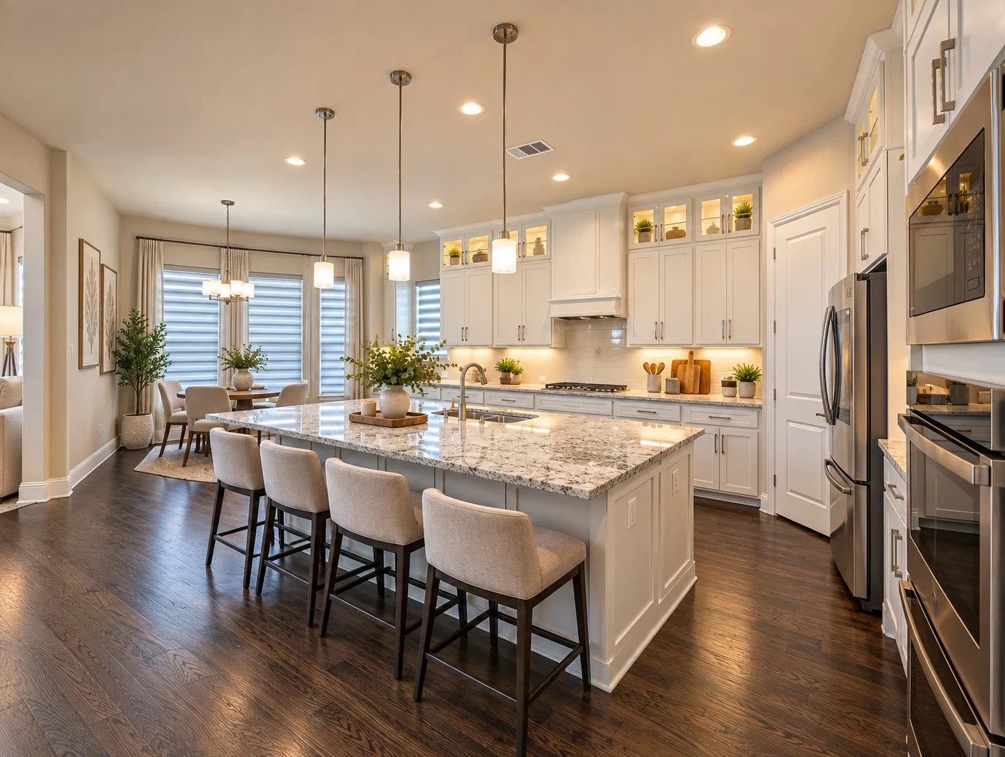 Expansive kitchen island with a stone countertop, built-in sink, and pendant lighting