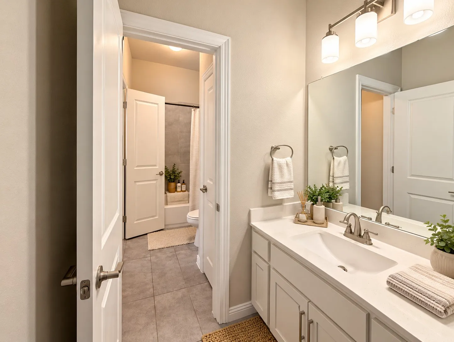 Bathroom vanity with a single basin, brushed nickel faucet, and a wall-mounted mirror