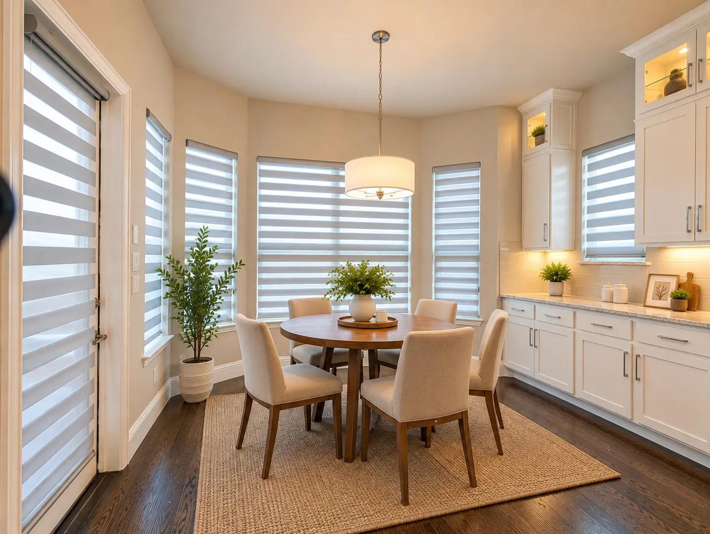 Bay window with multiple windows, wood-finish flooring, white cabinetry with under-cabinet lighting, and a drum-style pendant light fixture