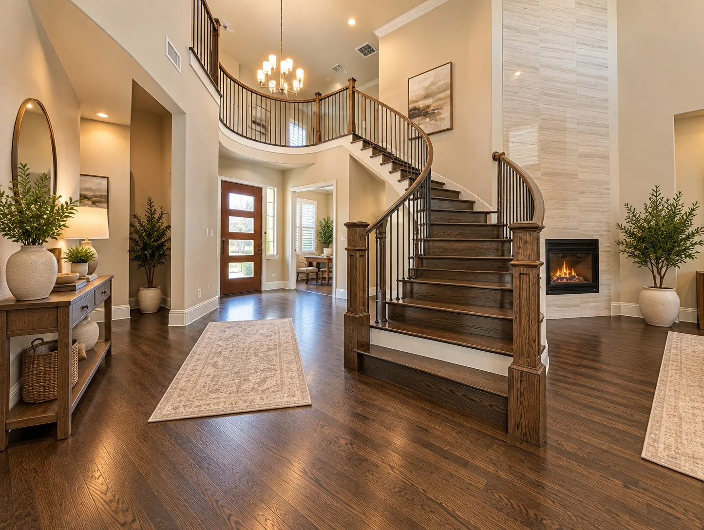 Curved wood staircase with wrought iron balusters, wood-finish flooring, a contemporary fireplace with a light-toned stone surround, and a vaulted ceiling with a chandelier