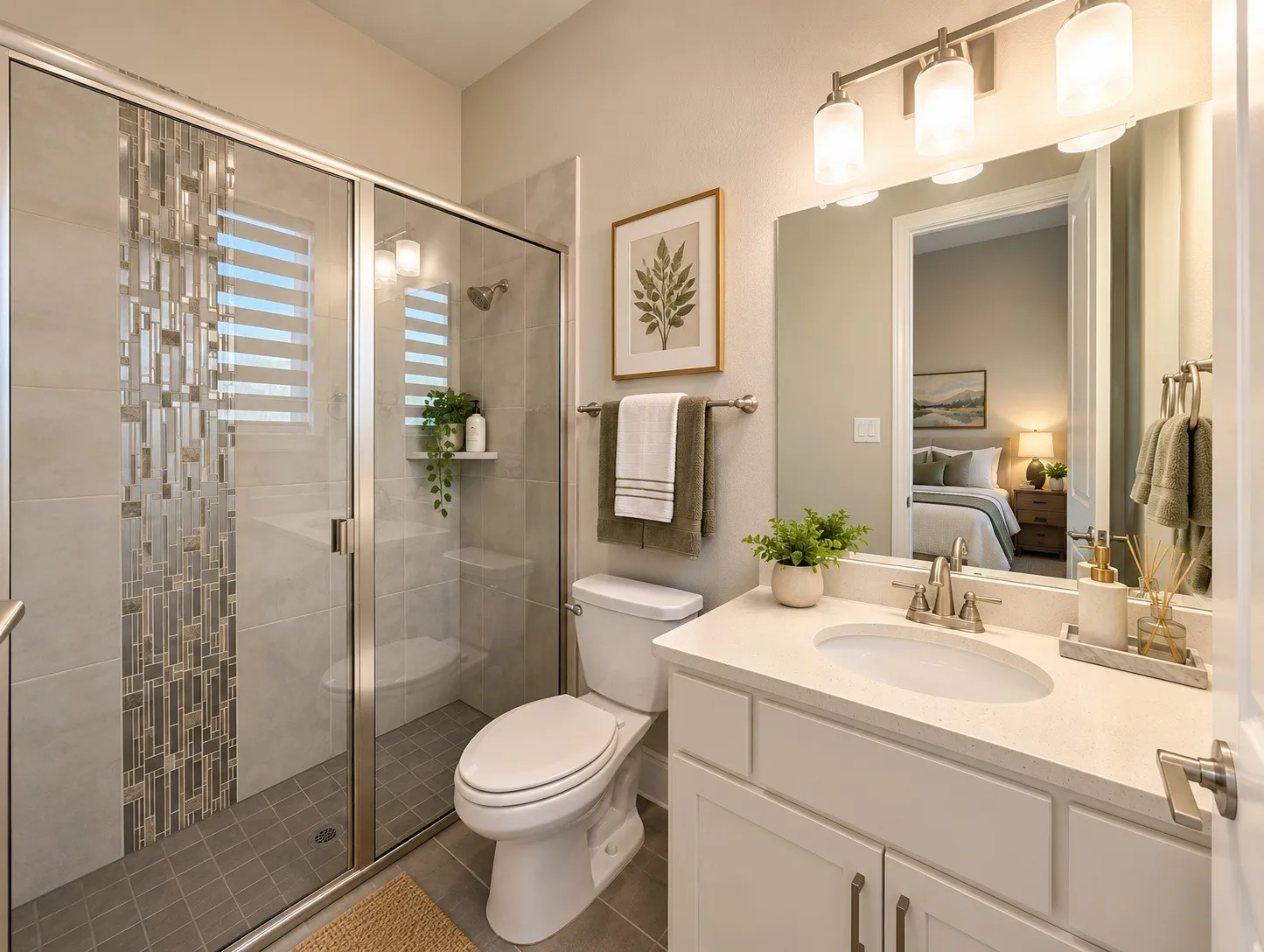 Walk-in shower with glass enclosure and decorative tile inlay, single vanity with integrated sink and chrome faucet, single toilet, and rectangular mirror with overhead lighting