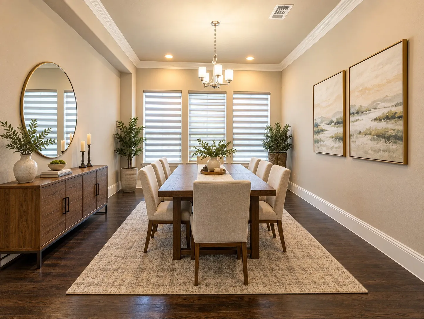 Recessed lighting, crown molding, wood-finish flooring, and window treatments