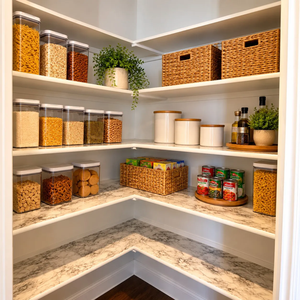 White built-in shelving with marble-look surfaces