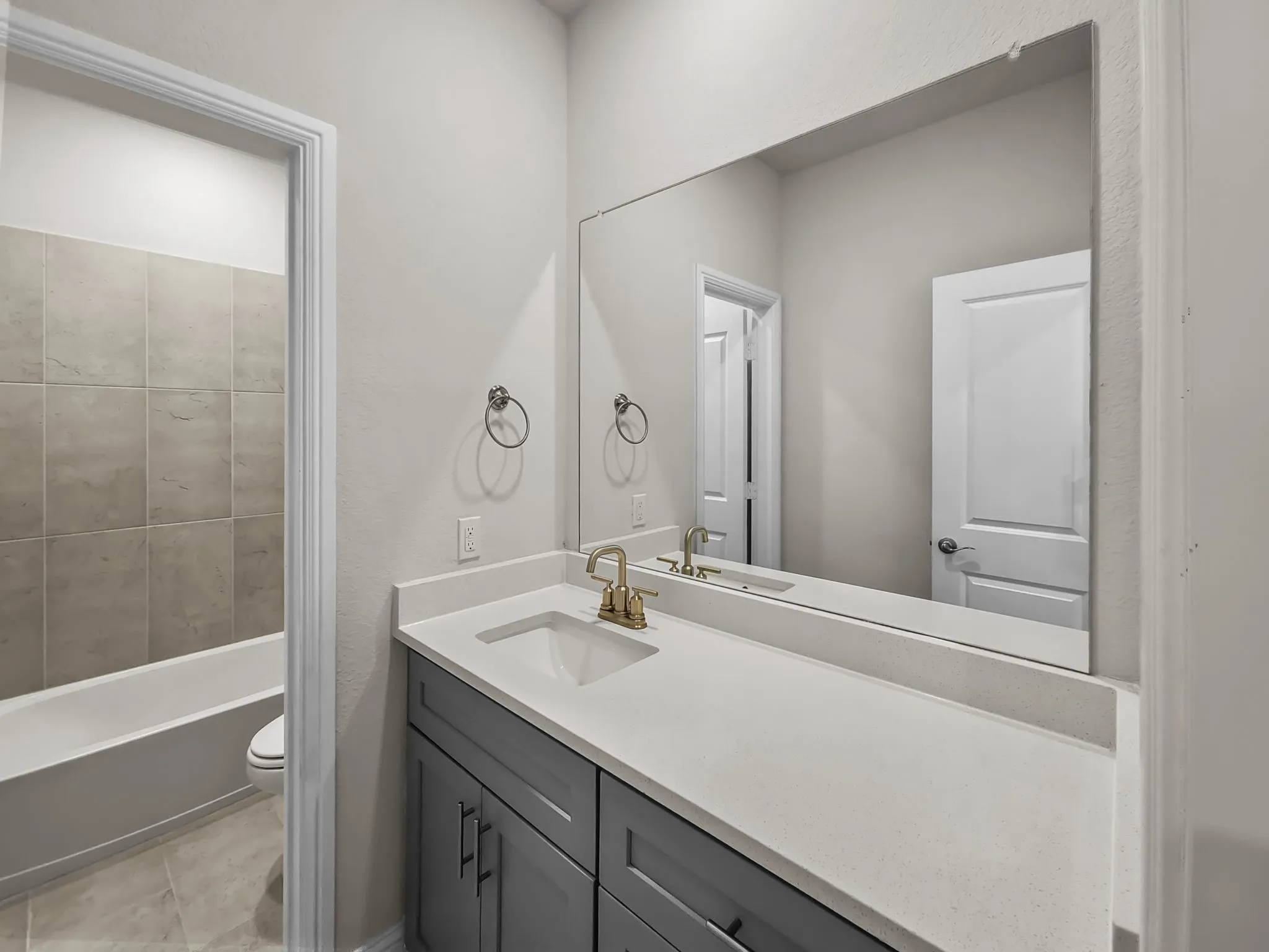 Bathroom vanity featuring a single basin, gold-finish faucet, and a large wall-mounted mirror