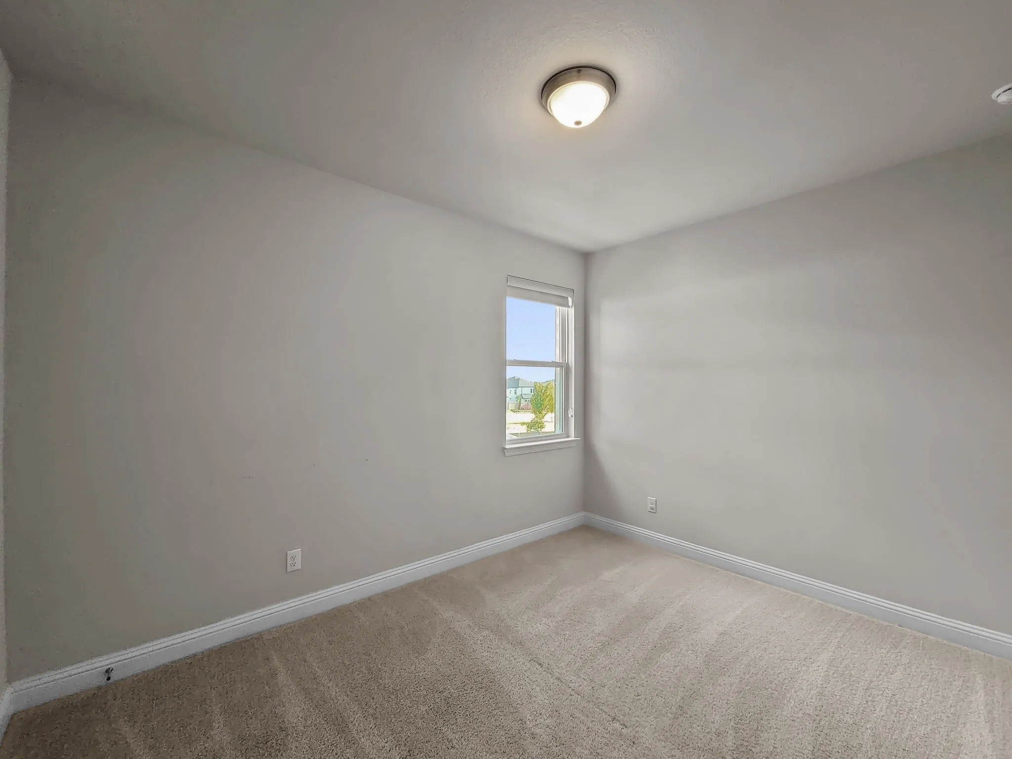 Neutral wall color, window with natural light, wall-to-wall carpeting, overhead lighting fixture, and white trim