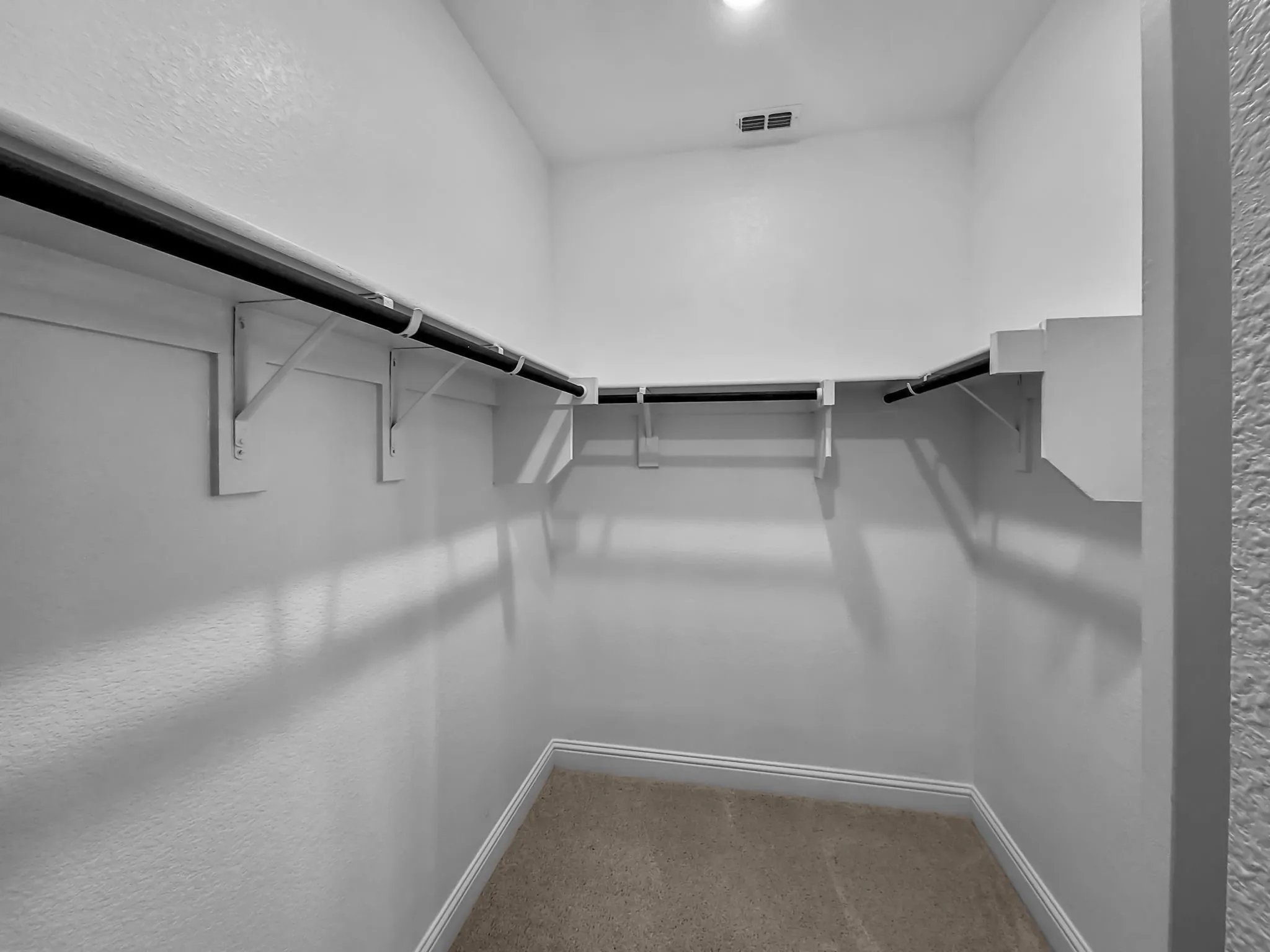 Recessed lighting illuminates the walk-in closet featuring carpet flooring, built-in shelving, and hanging rods