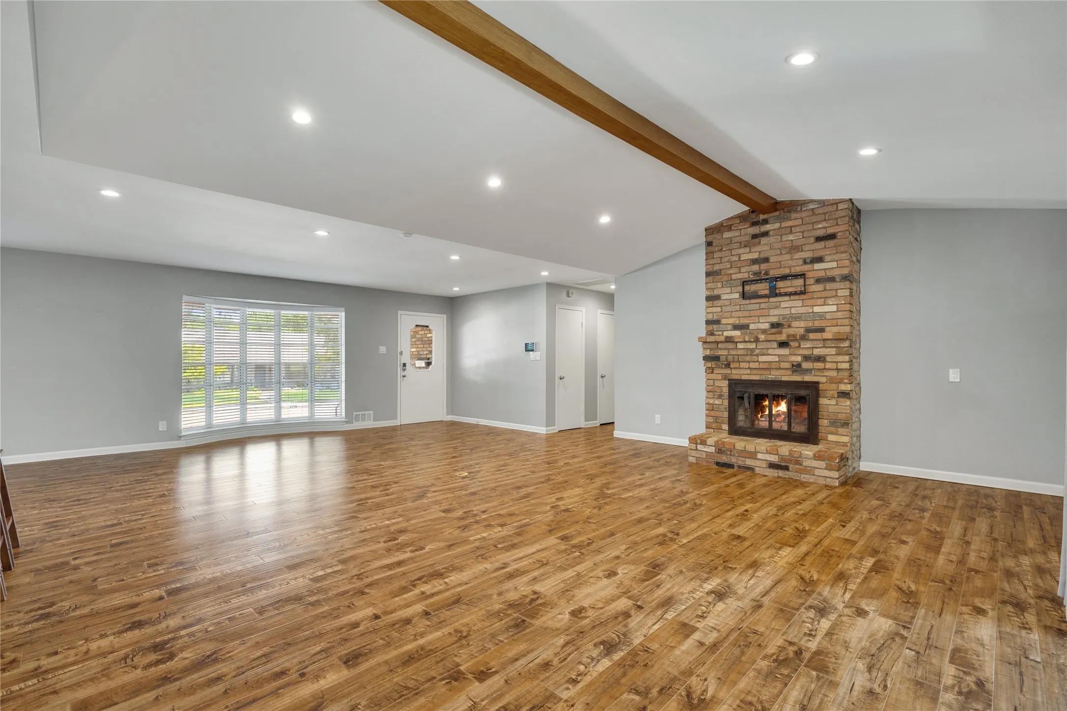 Bay window and fireplace