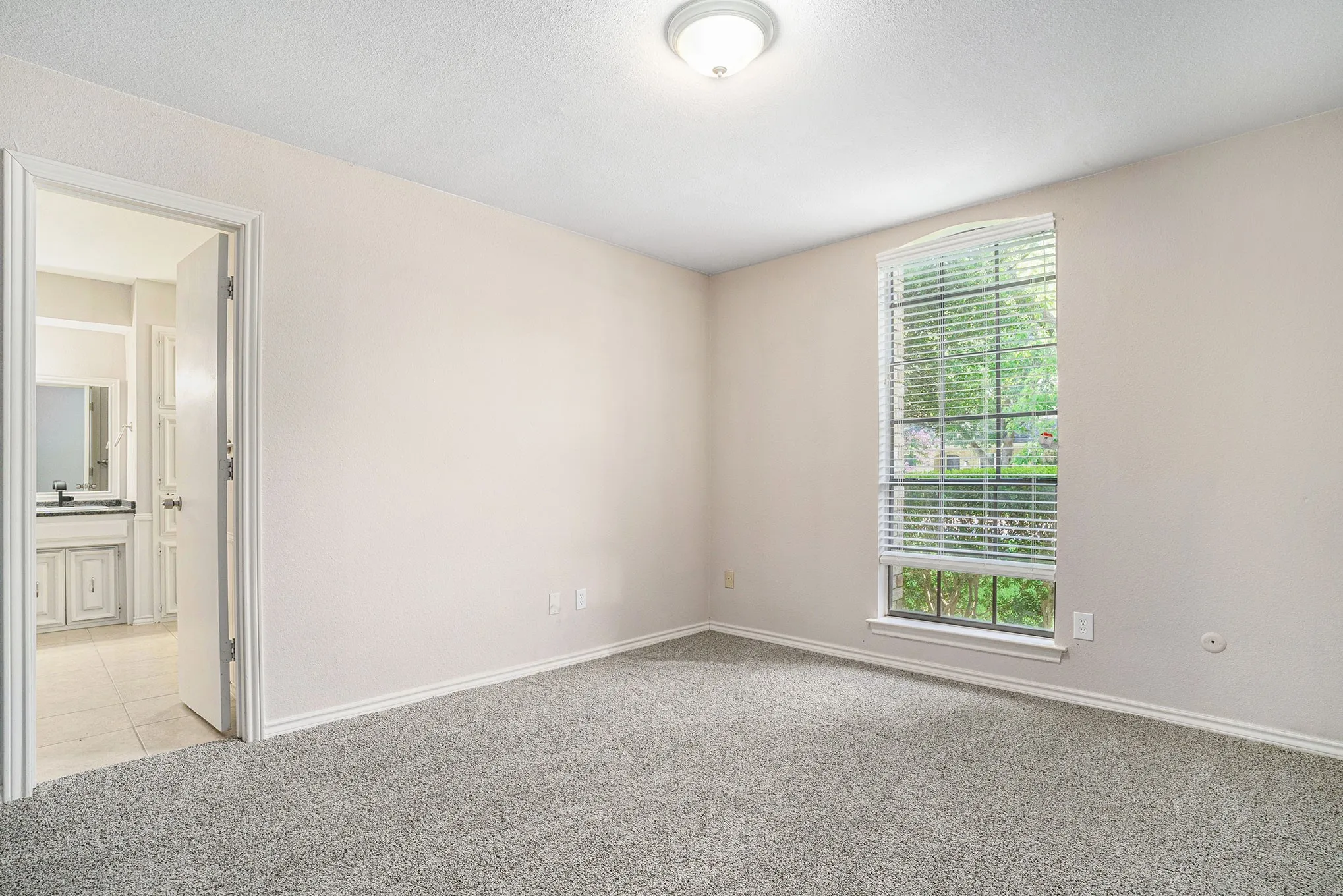 Unfurnished room with light colored carpet and baseboards