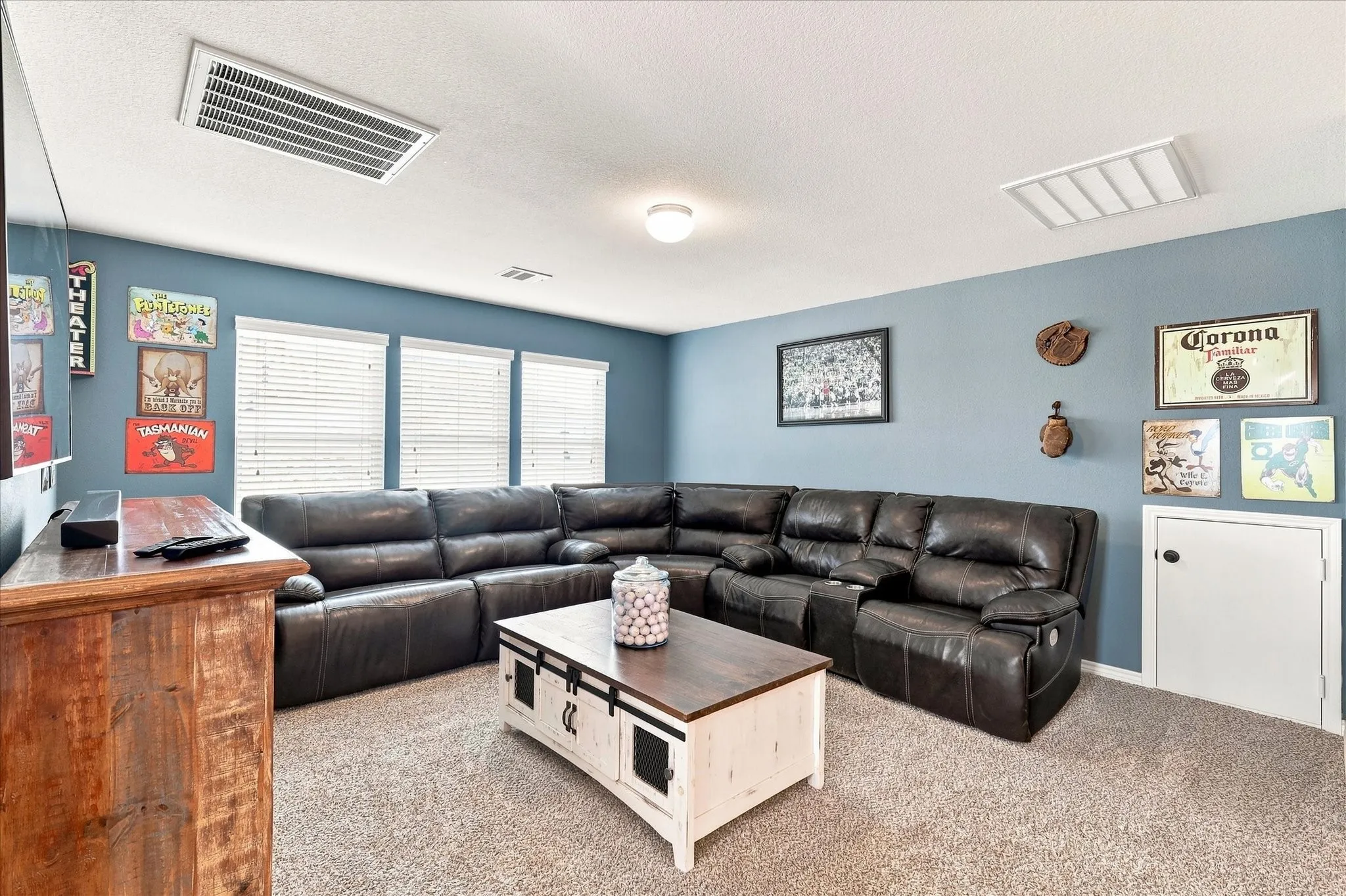 Wall-to-wall carpeting and multiple large windows with blinds