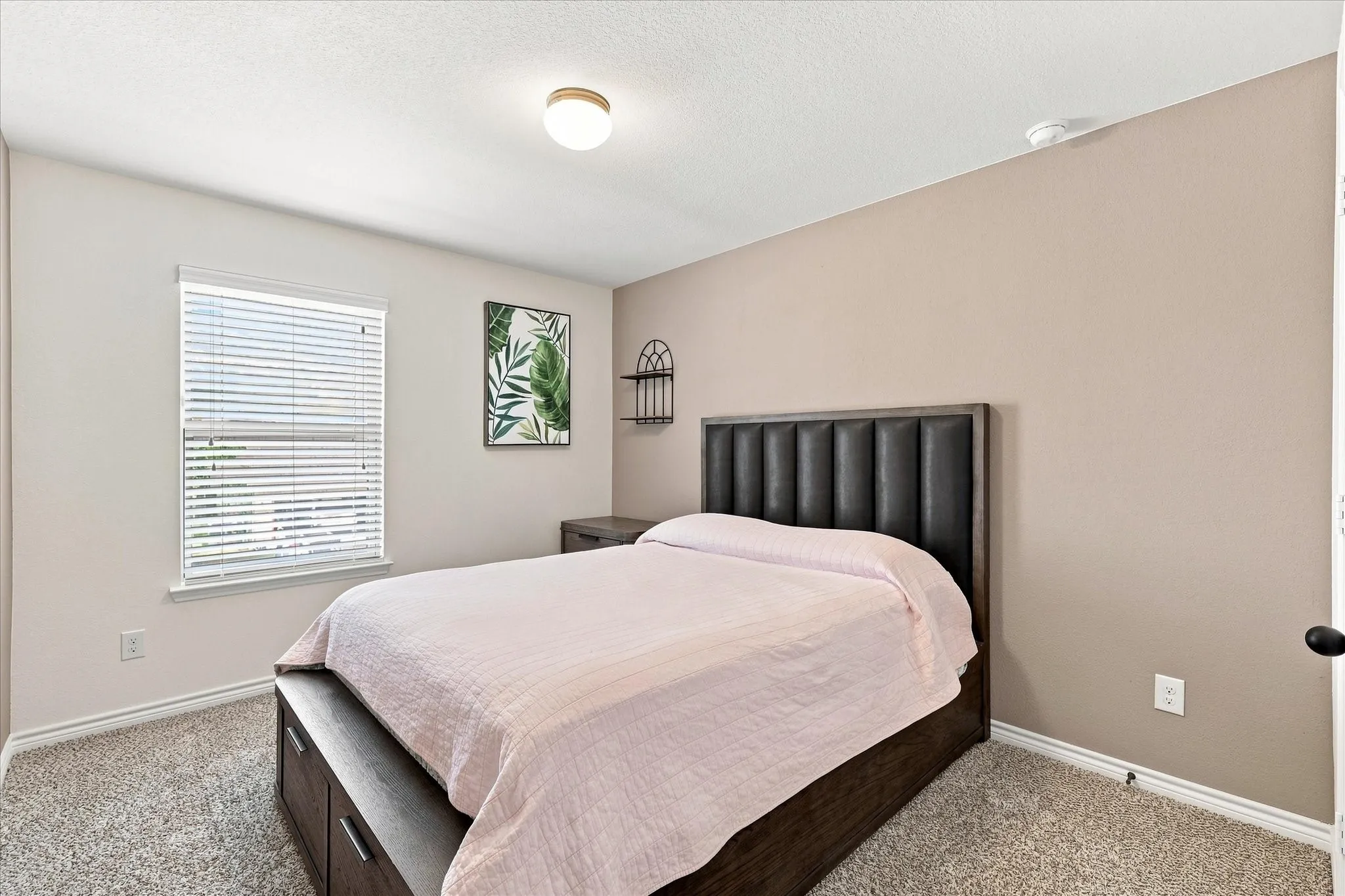 Carpeted room featuring a window with blinds, a ceiling-mounted light fixture, and two-tone wall paint