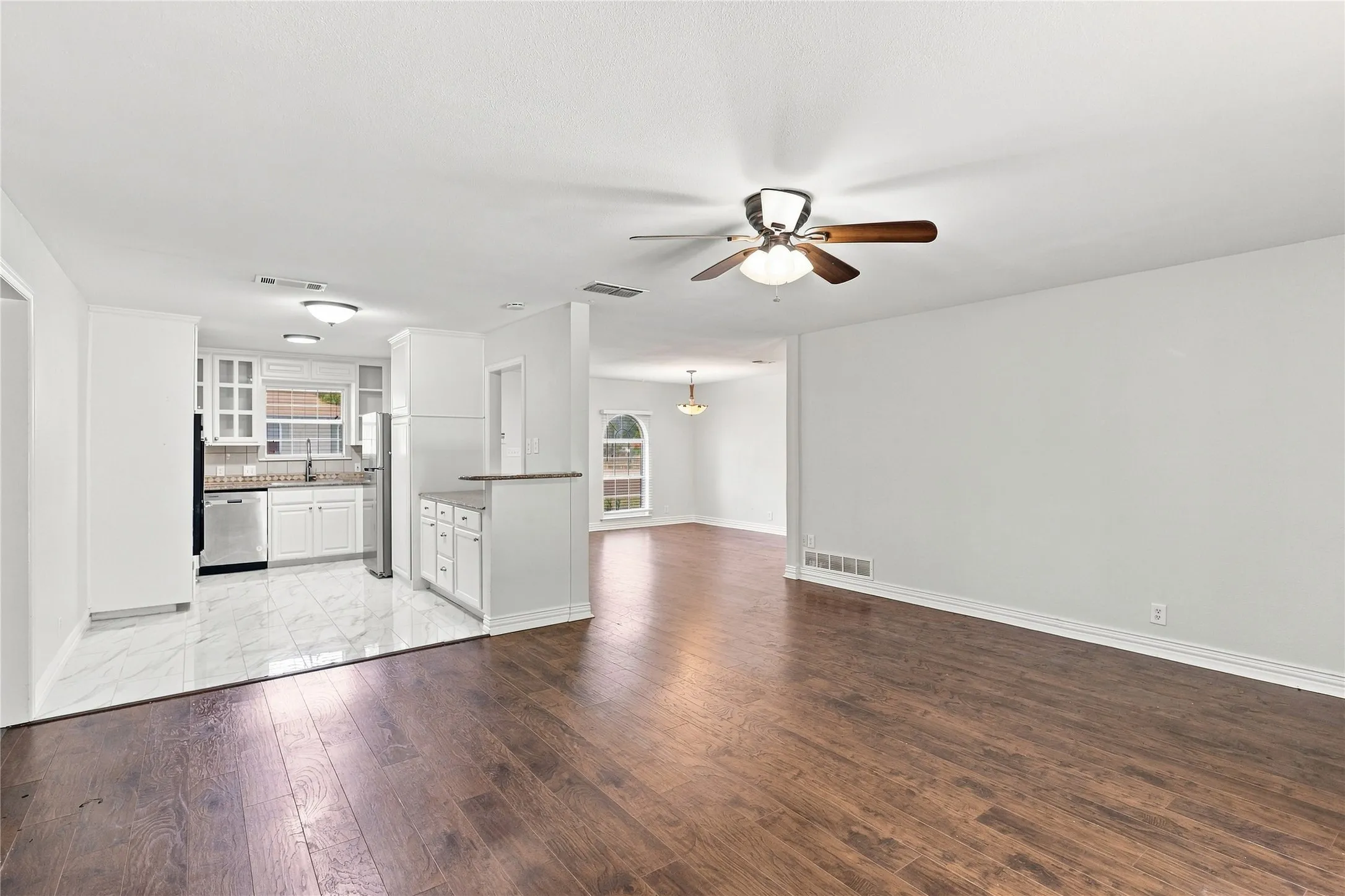 Open view of Living area and kitchen