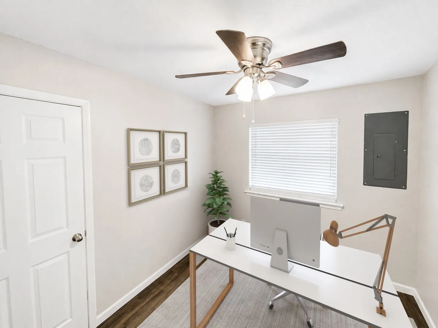 Virtually staged
Wood-finish flooring, ceiling fan with integrated lighting, window with blinds, and white paneled door