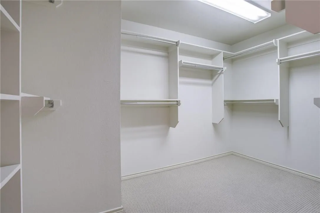 Built-in shelving units, multiple hanging rods, carpet flooring, and recessed ceiling lighting