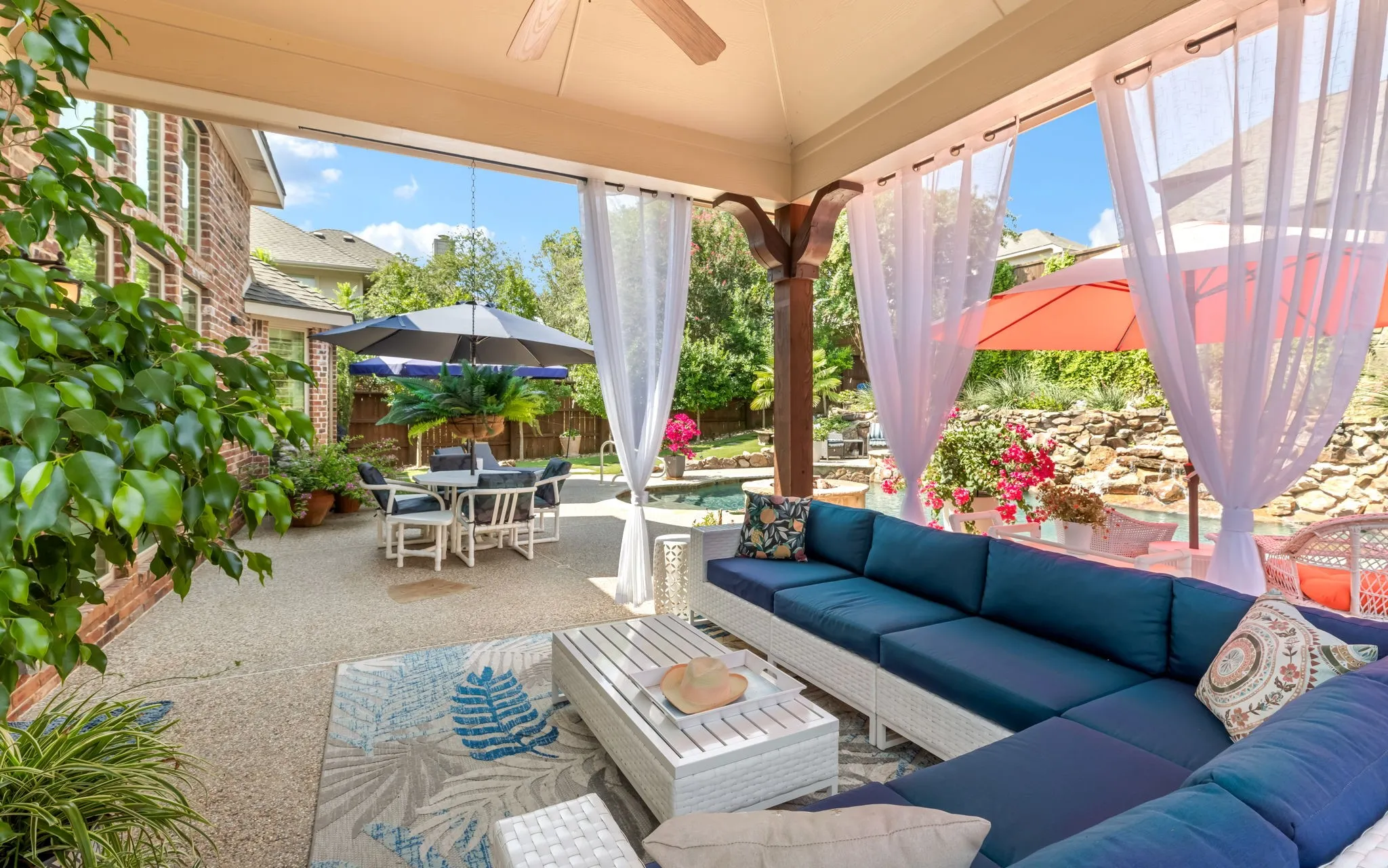 Large covered patio for placid gatherings.