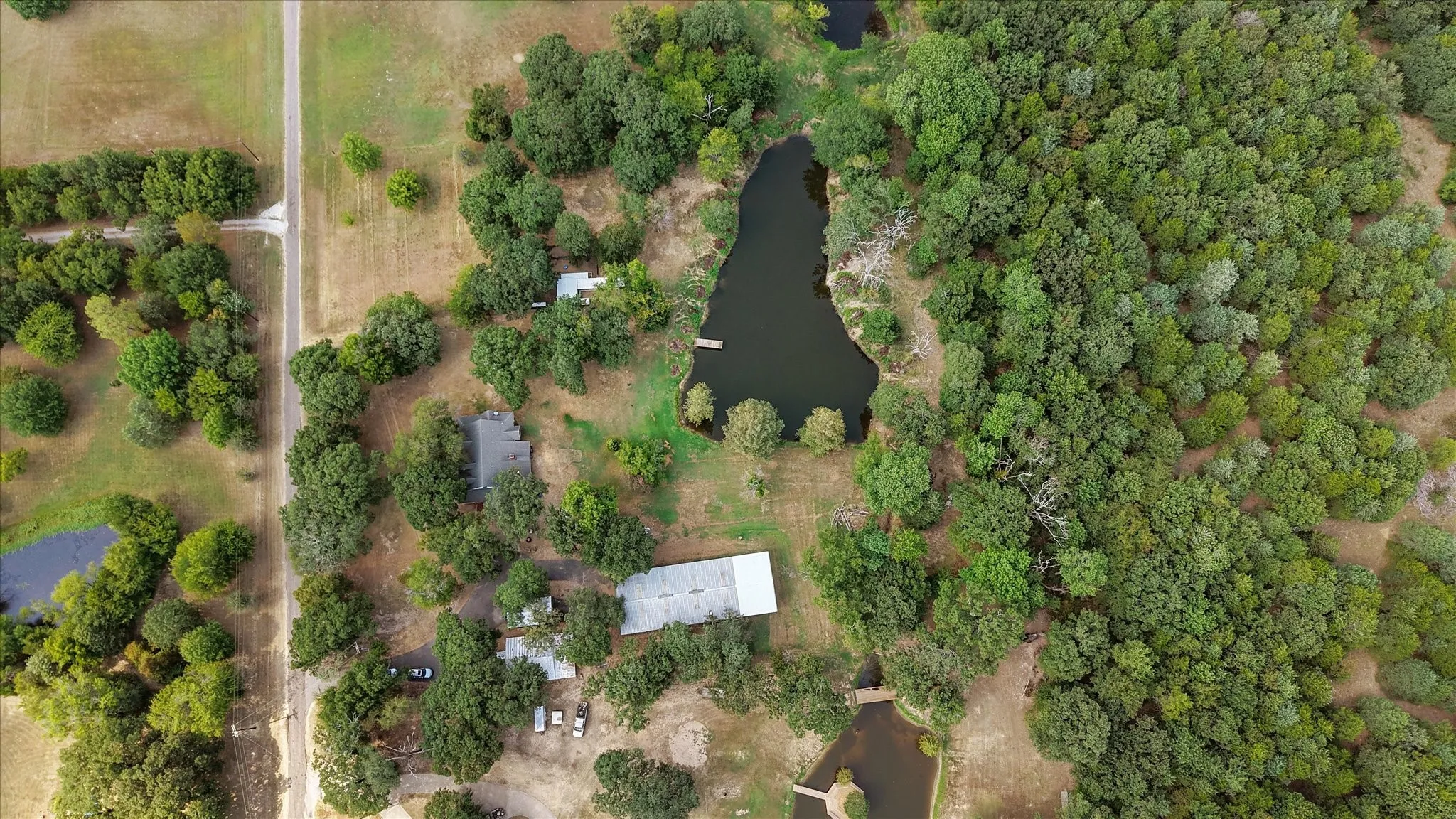 Property featuring multiple ponds, extensive tree coverage, and a dirt road access