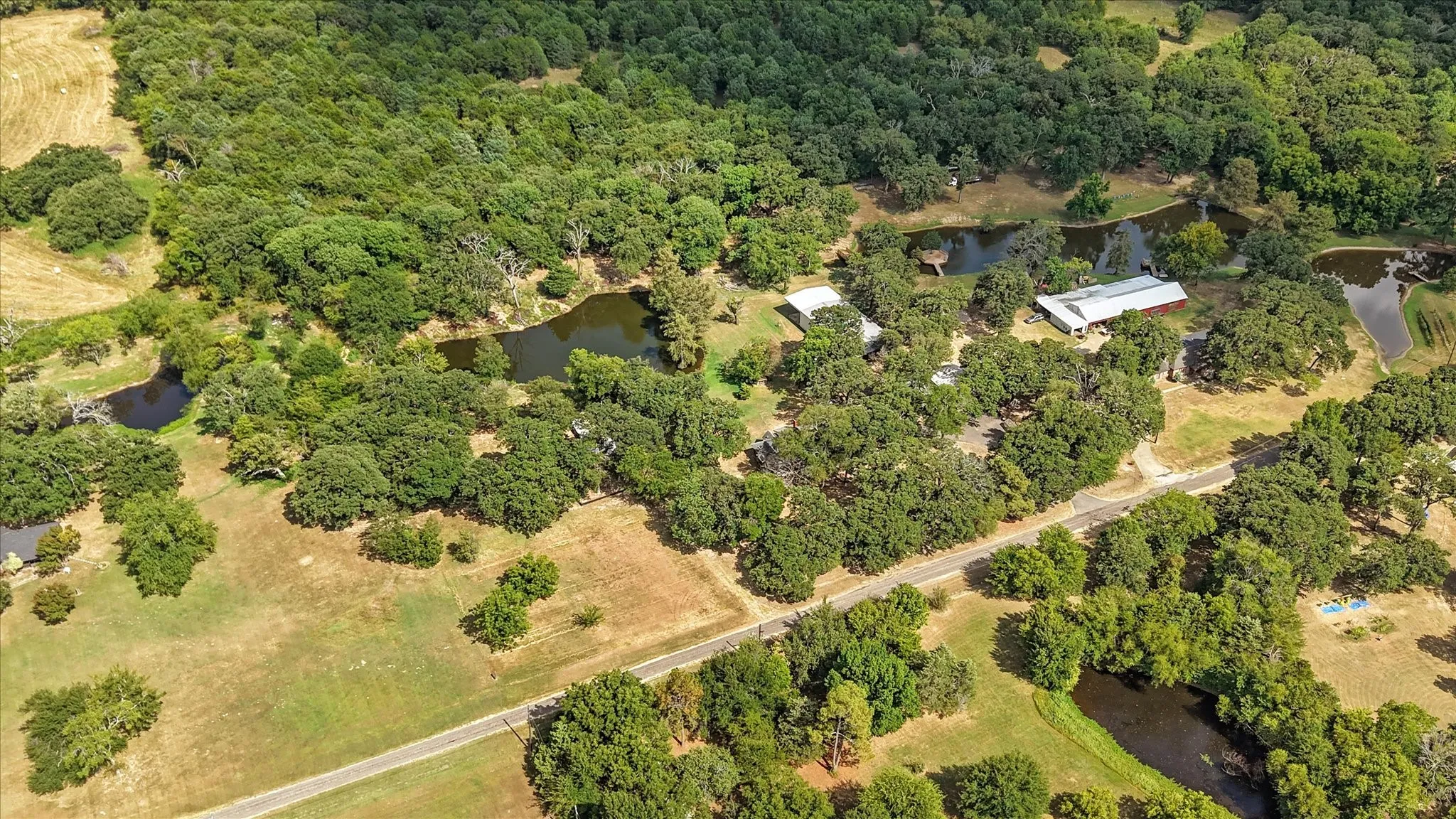 Expansive property featuring dense tree coverage, multiple ponds, and a winding road