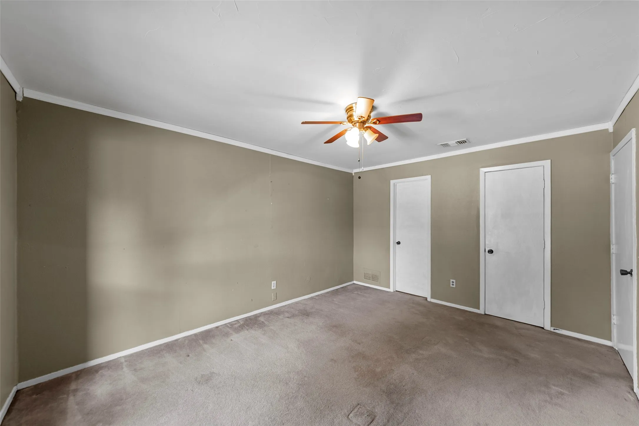 Neutral wall finish, ceiling fan with light fixture, white trim, and two panel doors