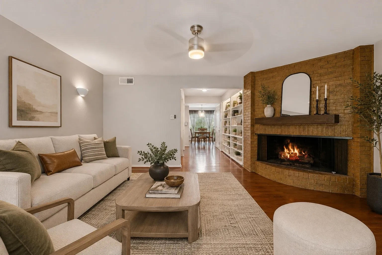  Virtually staged Hardwood flooring, brick fireplace with a wood mantle, built-in shelving, wall sconces, and a ceiling fan