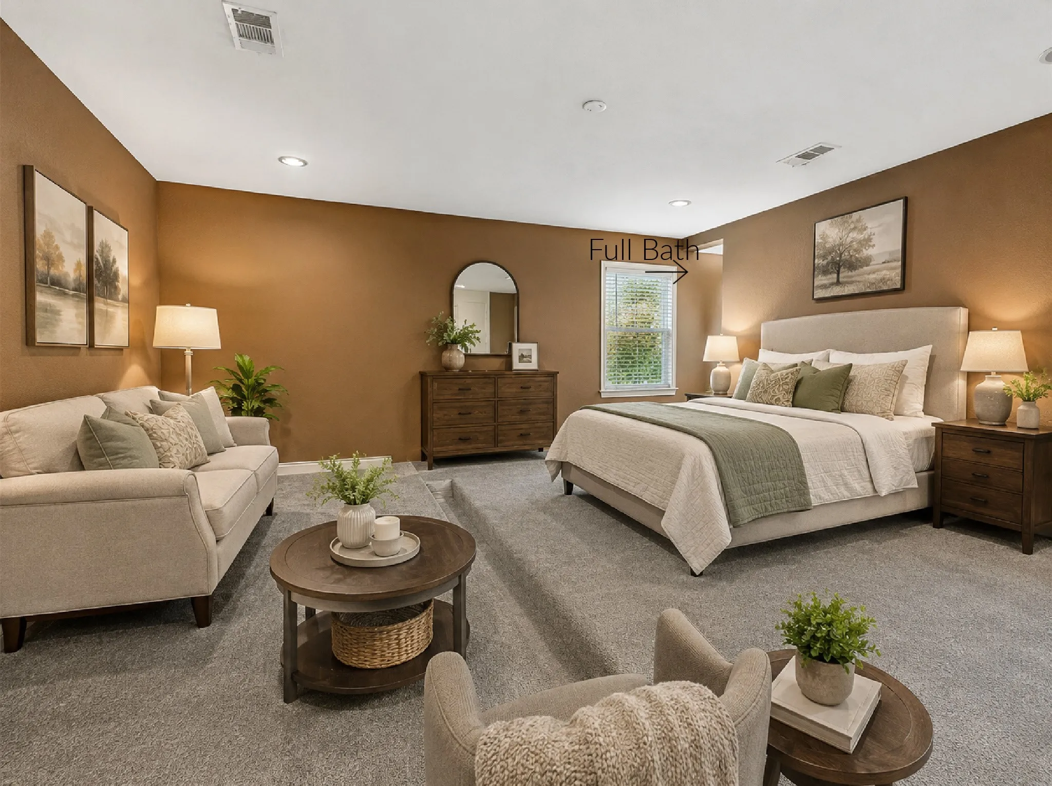 VIRTUALLY shown as a parent suite. This is the media room as shown in photo before this one. Full bath, separate sink food prep area. HAS OWN entrance to this area from exterior and can be closed off from rest of home.