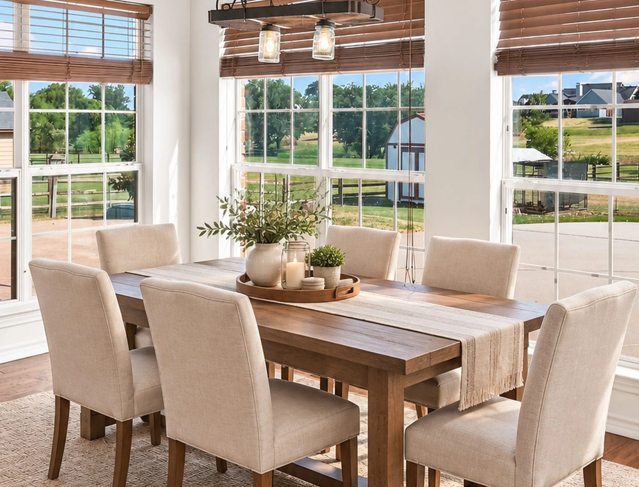 Dining area with multiple grid-paned windows, wood-finish flooring, and a multi-light wood and metal chandelier