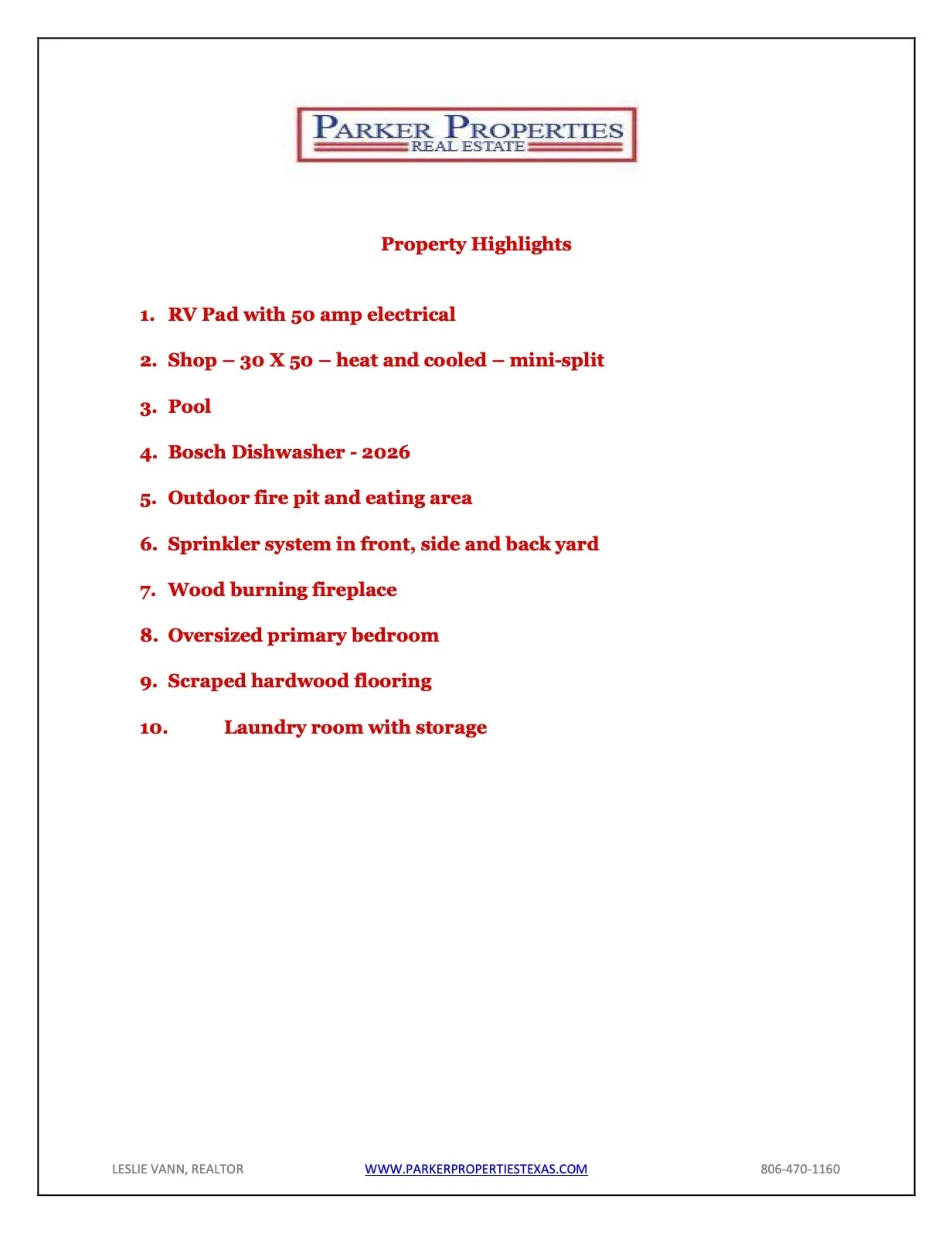 Marketing Brochure, Property Highlights section. Listing various features and amenities of the property.