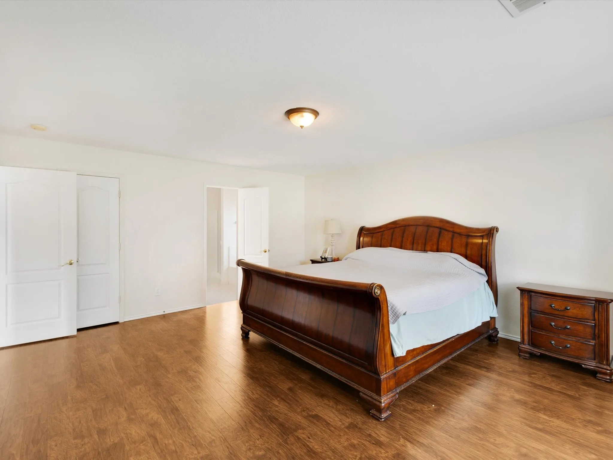 Wood-finish flooring, white walls, two paneled doors, and a ceiling-mounted light fixture