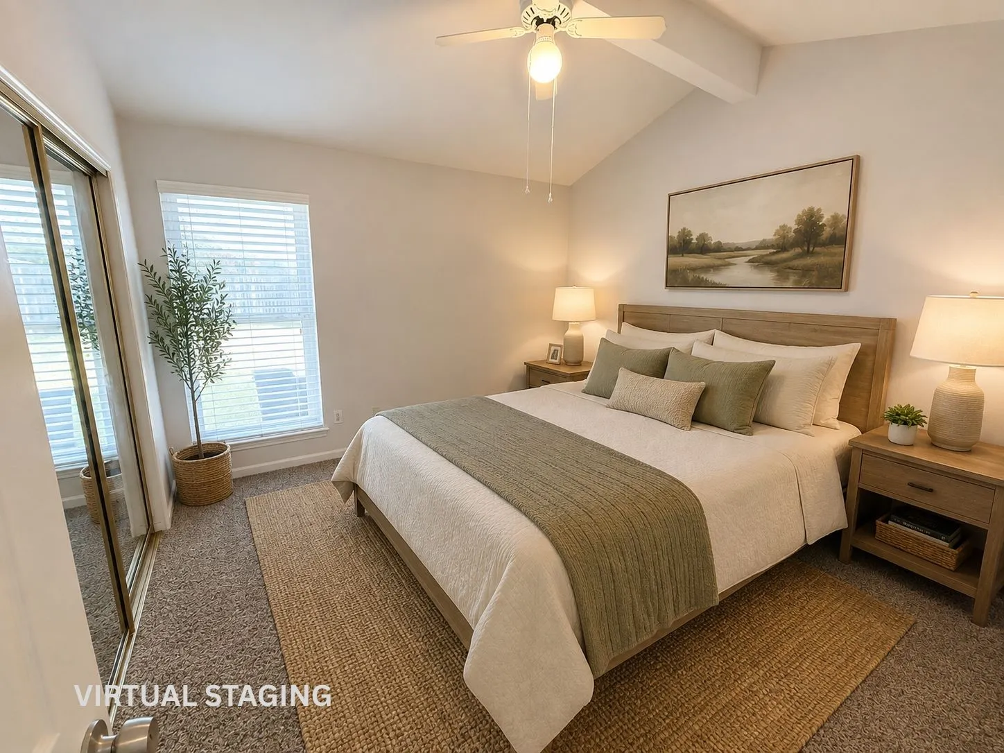 Vaulted ceiling with ceiling fan, window with blinds, carpet flooring, and mirrored closet doors