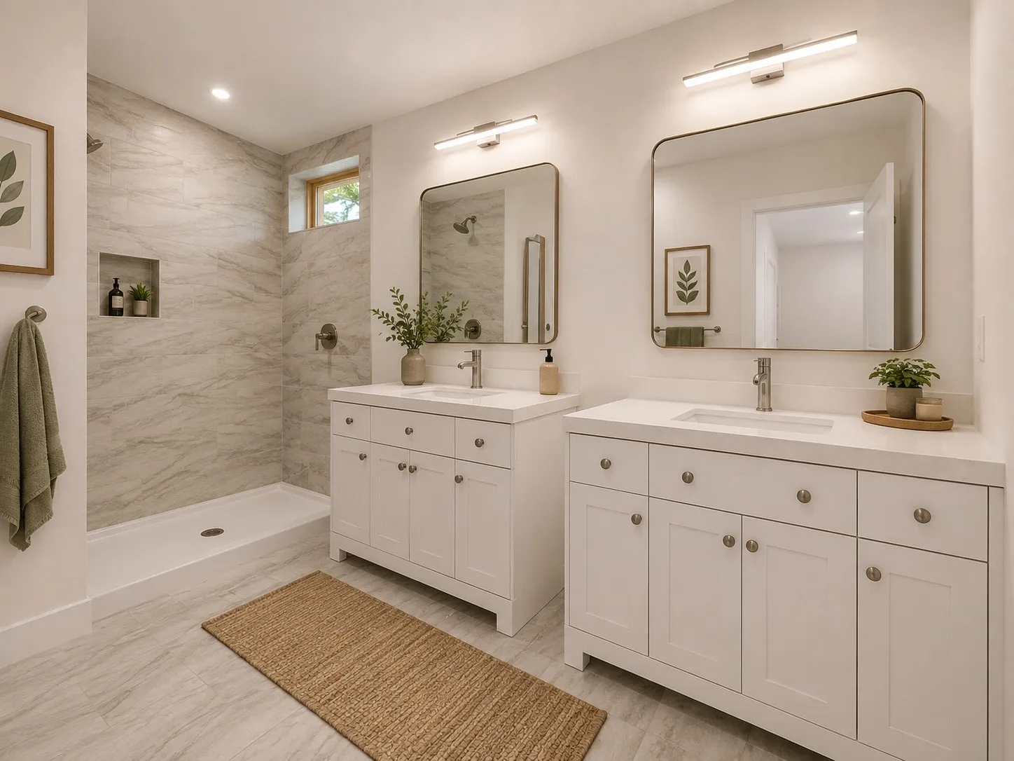Dual white vanities with integrated sinks, quartz countertops, and brushed nickel fixtures