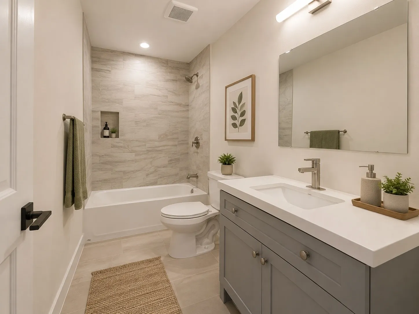 Bathroom featuring a white bathtub, tiled shower surround with a recessed niche, light-toned floor tiling, a vanity with a white countertop, and a large mirror