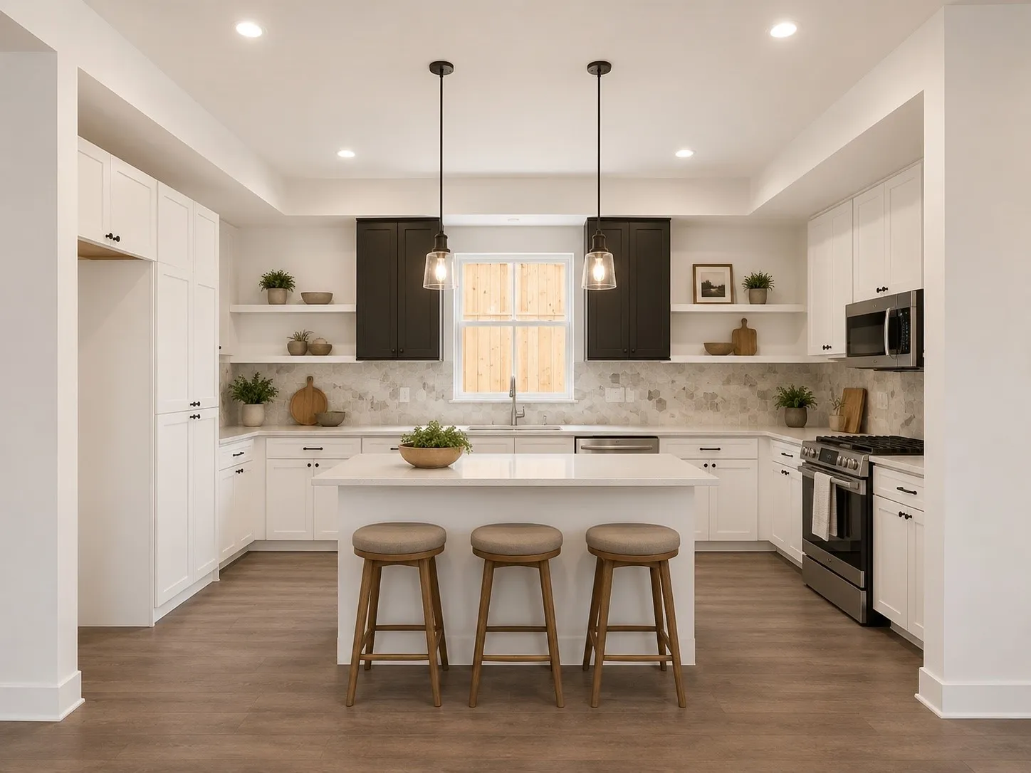 Kitchen featuring white cabinetry, a center island, stainless steel appliances, a tile backsplash, and wood-finish flooring