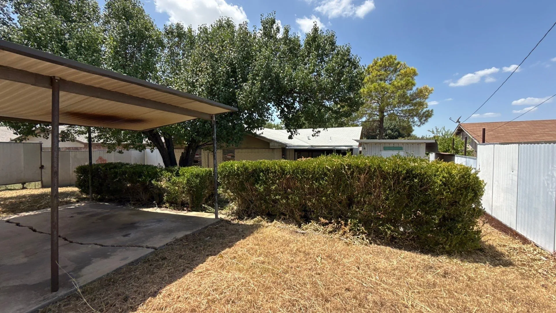 Carport structure with a concrete pad, mature trees, and privacy hedging