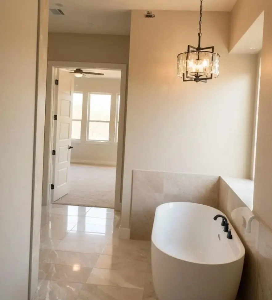 Freestanding soaking tub with matte black fixtures, set on polished tile flooring