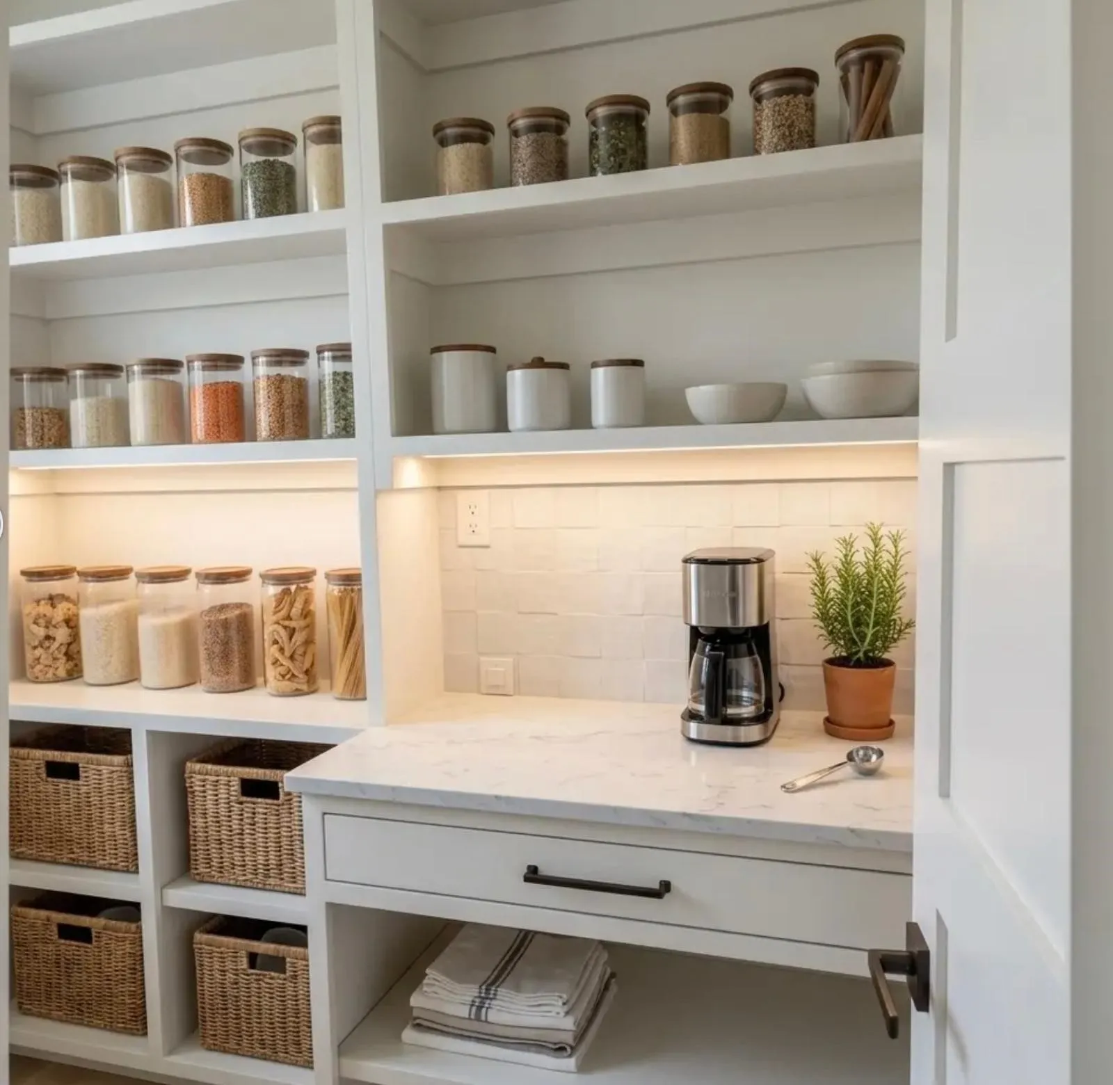 Built-in white shelving with integrated lighting, a white countertop, and a white tile backsplash
