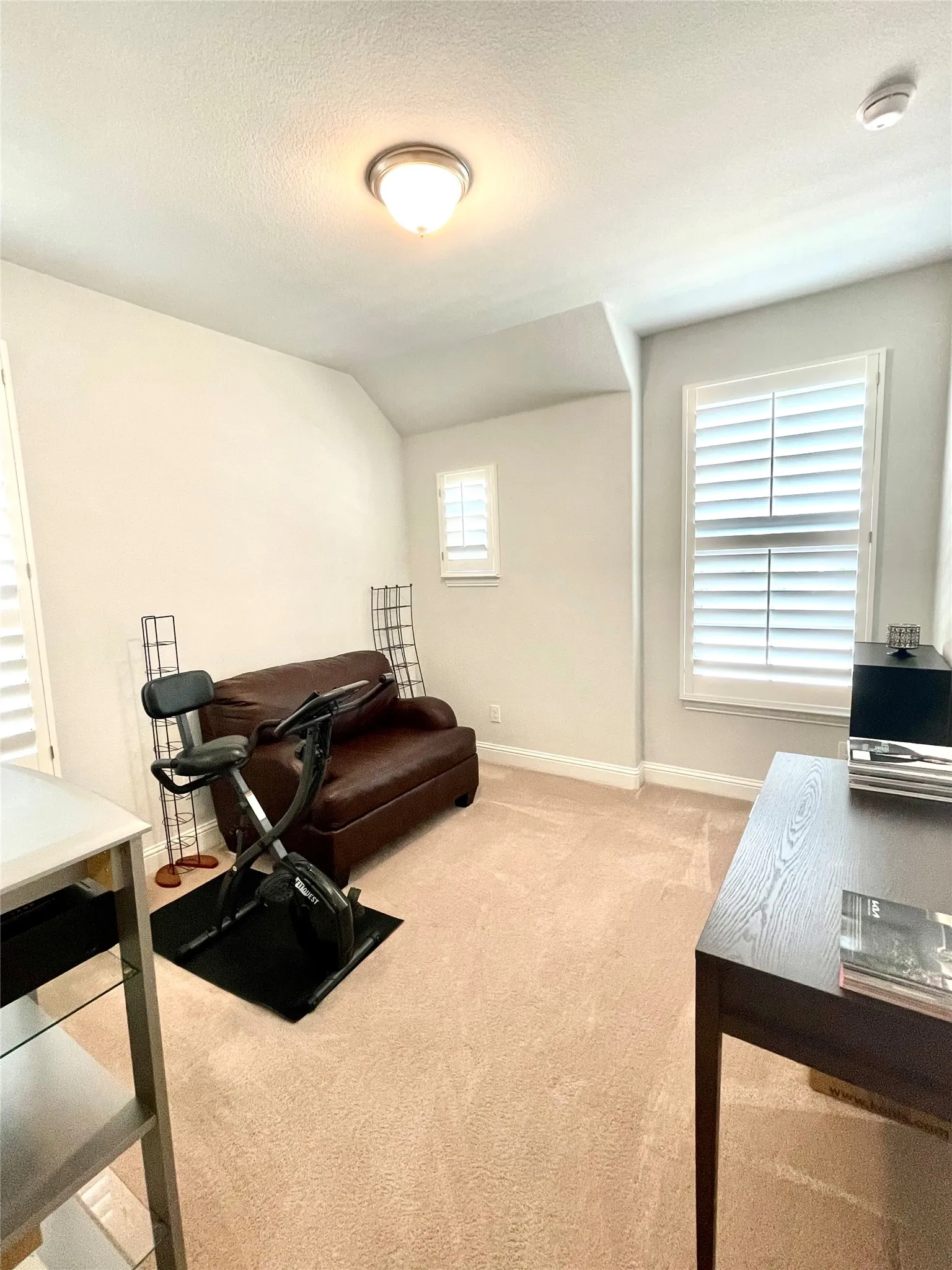 Natural light from multiple windows with plantation shutters, neutral wood-finish flooring, and ergonomic seating