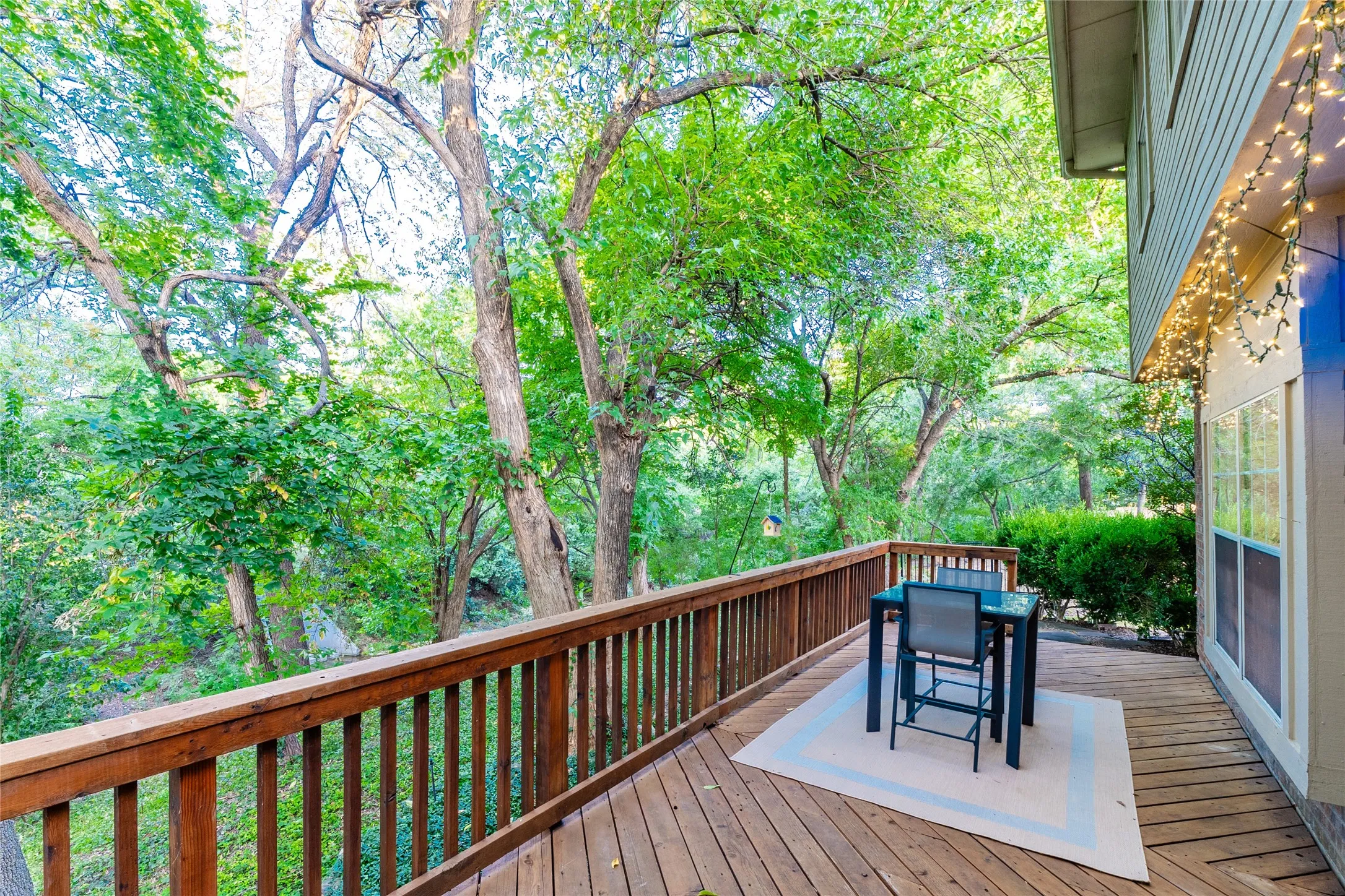 Expansive wood deck with a full-height railing and lush natural surroundings
